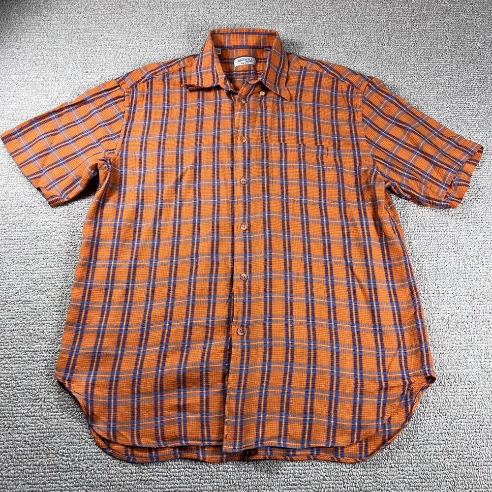 Artioli Made In Italy Plaid Shirt Orange Blue Men’s Size Large